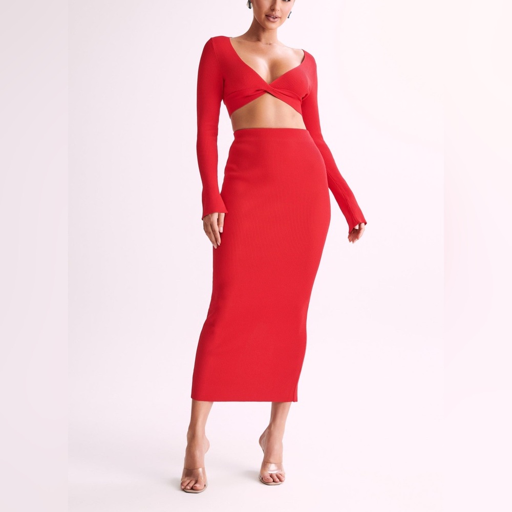 Meshki Kaesha Long Sleeve Twist Front Knit Top & Skirt Dress sweater set Red XL